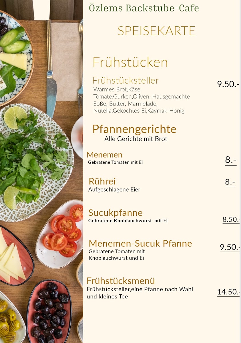 Unsere handgeschriebene Speisekarte mit allen Frühstücksgerichten und Preisen