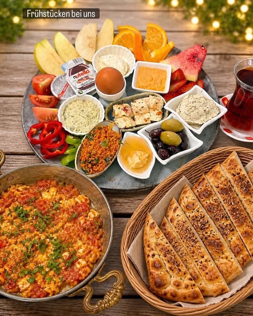 Türkisches Frühstück mit Menemen, Fladenbrot und Tee